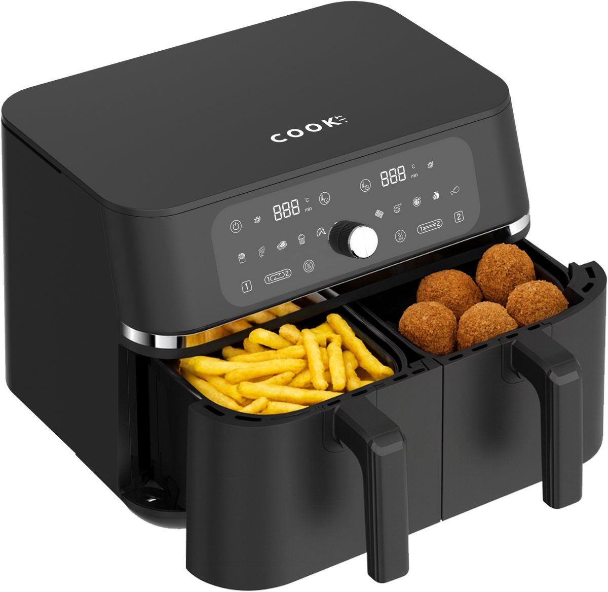 Dubbele Airfryer XXL 9L - 2×4.5L - 3200W - 11 Programma’s - Smart Finish & Match Cook - 60–200°C Instelbaar - PFAS-vrij - Vaatwasserbestendige Manden - COOK-IT