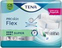 TENA ProSkin Flex Super. Illustraties: ergonomisch, easy use belt, adjustable fixation. ComfiStretch technologie.
