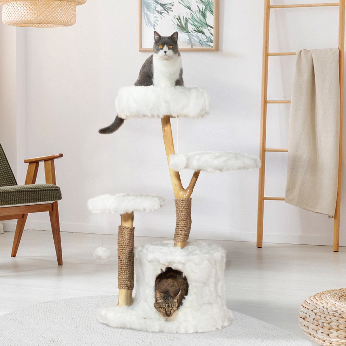 Sweiko Krabpaal – Natuurlijke houten kattentoren – Kattenappartement – Kattencadeau – Wit