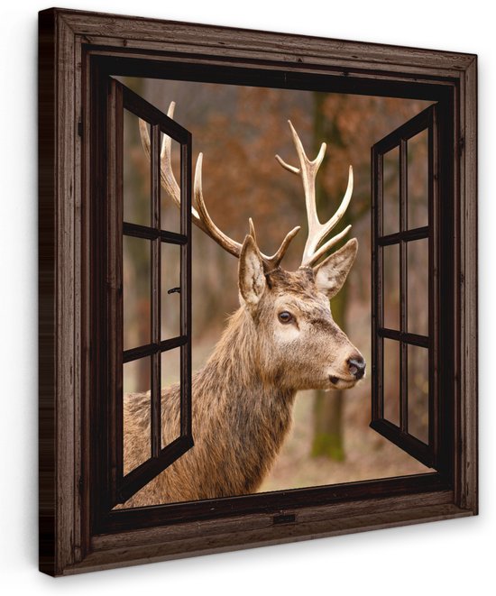 Tuinschilderij voor buiten 50x50 cm - Tuindecoratie Hert - Dier - Bos - Herfst - Hertenkop - Bruin - Doorkijk - Tuinposter op canvas - Tuin muurdecoratie - Buitenschilderij decoratie - Schutting wanddecoratie - Buitencanvas