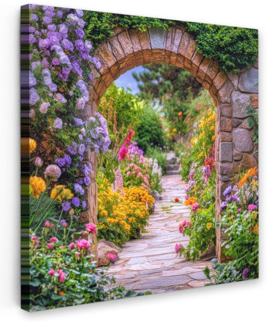 Tuinschilderij voor buiten 70x70 cm - Tuindecoratie Doorkijk - Bloemen - Pad - Natuur - Tuinposter op canvas - Tuin muurdecoratie - Buitenschilderij decoratie - Schutting wanddecoratie - Buitencanvas