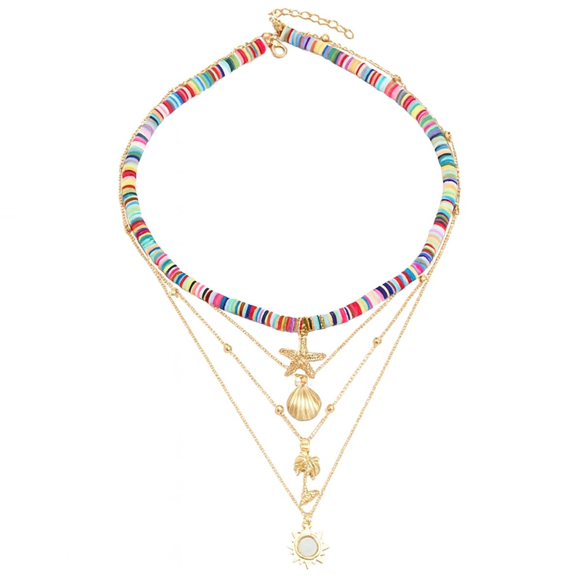 5-delige dames ketting set met zomerse bedels – kleurrijke kralen en goudkleurige hangers van zeester, schelp, palmboom en zon