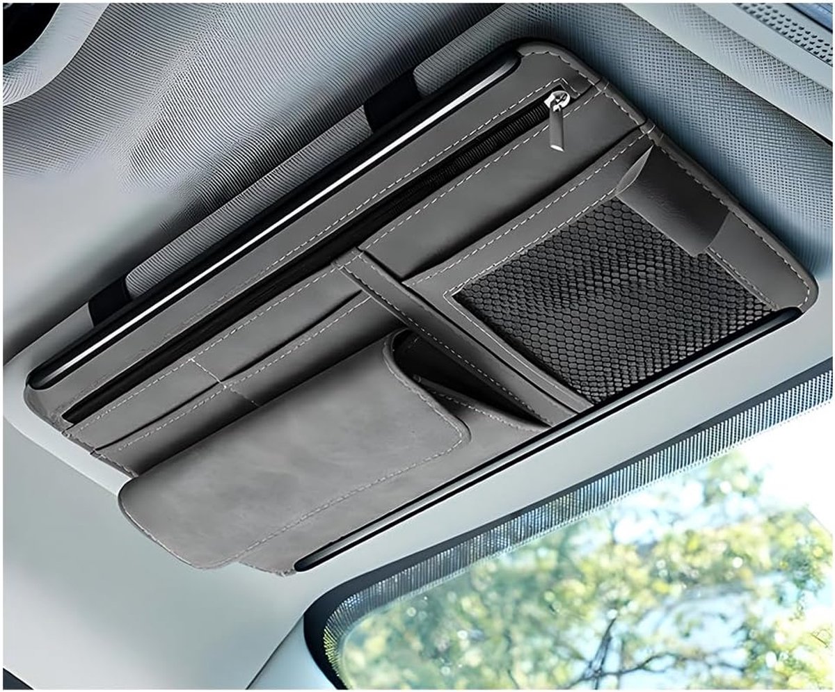Opbergdoos voor zonnekleppen in de auto, zachte leren brillenkaarthouder, opbergtas voor de auto, krasbestendige en waterdichte opbergtas voor zonnekleppen in de auto, auto-accessoires (grijs)