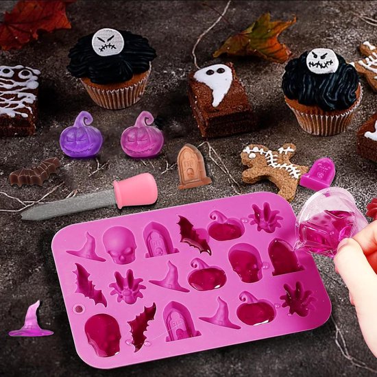 Kamehame Siliconen Halloween chocoladevormen 2 stuks 30 Cavity Pumpkin Ghost Bat Witch Hat Gravestone Gummy vormen voor DIY Halloween gummy, snoep, gelei, chocolade, Jello