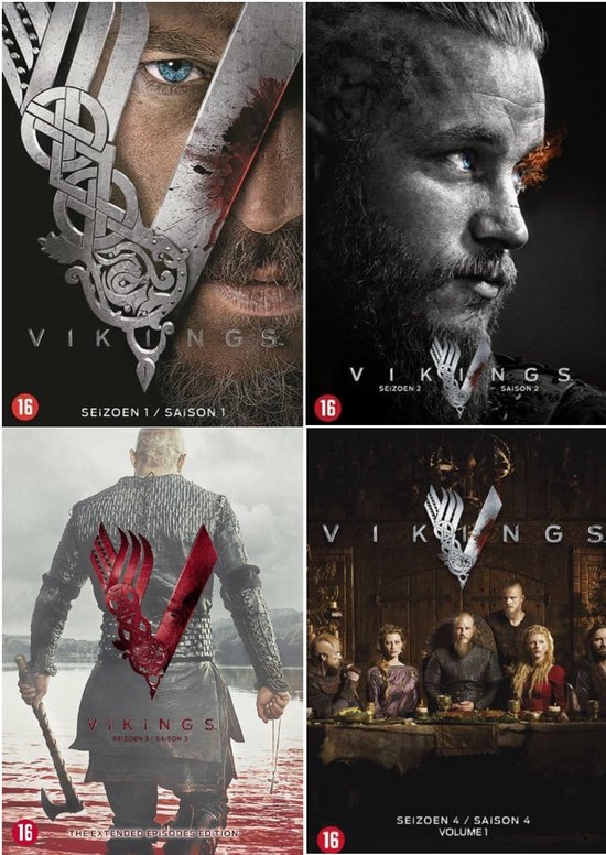 Vier dvd-hoezen van de serie Vikings: Seizoen 1, 2, 3 en 4. Met close-ups van acteurs en groepsfoto's.