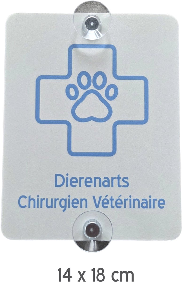 Autobord | "Dierenarts/ Chirurgien Vétérinaire" | 14 x 18 cm | + 2 zuignappen | Tijdelijk label autoraam | Autoruit | Tweetalig | Veterinair | Veearts | Medische assistentie | Tijdelijk parkeren | Nederlands/ Frans | Diergeneeskundige | 1 stuk