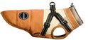 Oranje-beige hondenharnasjas met rits en klittenband. Rond logo met "PETZL".