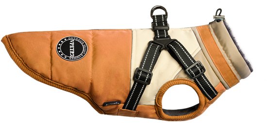 Oranje-beige hondenharnasjas met rits en klittenband. Rond logo met "PETZL".