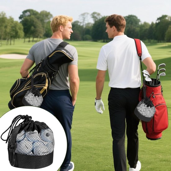 2 stuks golfbal opbergzakken, mesh golftas, nylon golftas, ademend trekkoord, golftas, organizer voor biljartballen, tennisballen en kinderspeelgoed (zwart) van Merkloos — afbeelding 3