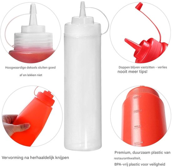 TOVBMUP Verpakking van 4 - Sausflessen - 500ml knijpflessen - 16 oz maatflessen met doppen - Spuitflessen, 500ml knijpflessen - Geschikt voor kruiden, ketchup, mosterd, mayonaise, olijfolie, transparante verf van Merkloos — afbeelding 4