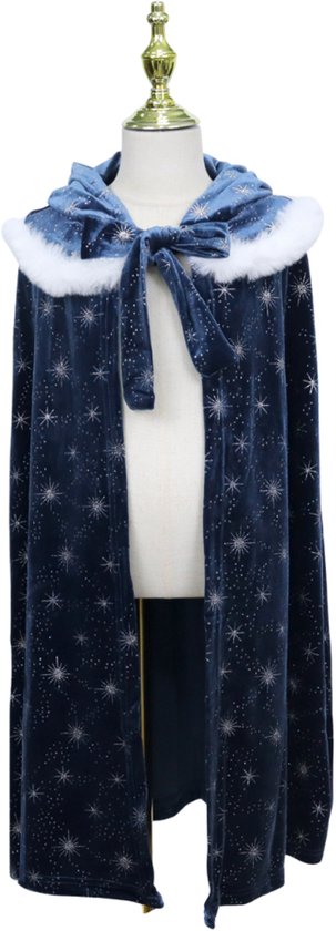 Joya Kids® | Cape de princesse d'hiver de Luxe pour enfant | Velours bleu foncé avec étoiles | Cape de déguisement pour fille avec capuche et fourrure blanche | Cape de la Reine des Glaces | 72 cm | Déguisement d'hiver | Édition de luxe