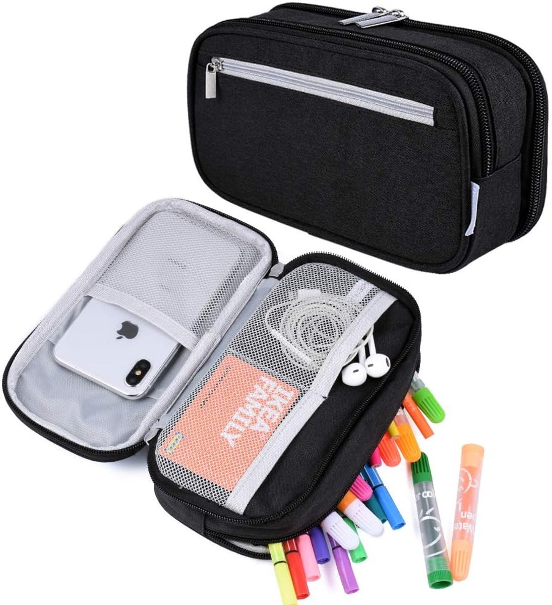 Pennen Etui Large - Zwart - 21x10x6cm - Pennenzak voor Kinderen en Volwassenen - Schooletui voor Jongens en Meisjes - Multifunctionele pen tas - Zak voor de pen - hoog volume