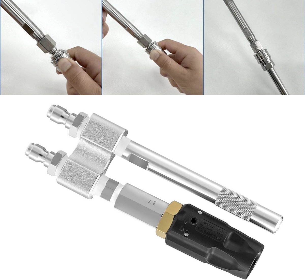 2-in-1 hogedrukreiniger tool versie 1/4 inch, Cleaningshop Injector in versie 1/4 inch. M5 gedraaid sproeimondstuk, lange reikwijdte alsook brede applicatie voor hogedrukreiniger. Ideaal voor softwash - Twist - Dual sprayer - Hogedruk -