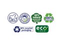 Divers logos éco, dont 60% de matériaux naturels, 100% plastique recyclé, 80% d'emballage recyclé.