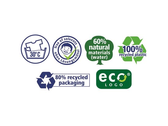 Divers logos éco, dont 60% de matériaux naturels, 100% plastique recyclé, 80% d'emballage recyclé.