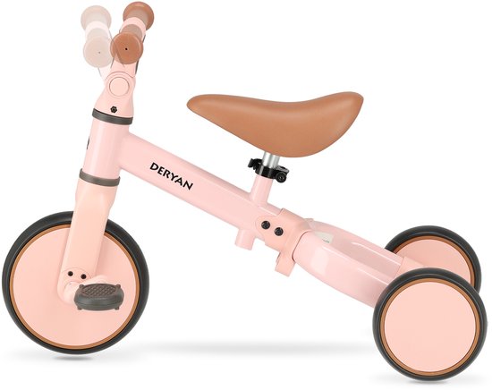 Roze Deryan loopfiets met bruine zadel en handvatten. Inclusief pedalen.