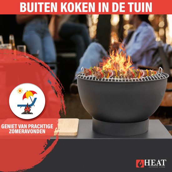 HEAT Buitenkeuken Trolley Zwart - Vuurschaal 60 cm - Mobiele BBQ & Plancha met Snijplank - 117x46x106 cm van HEAT — afbeelding 2