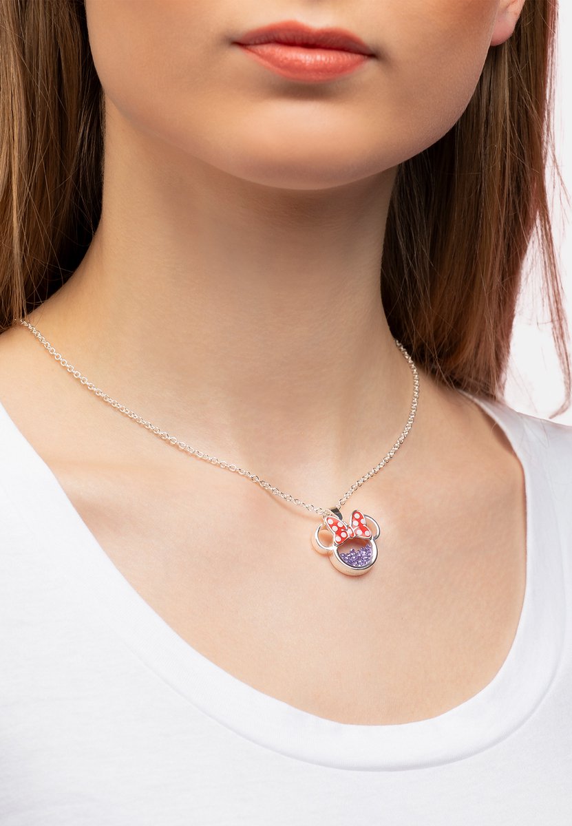 Disney Minnie Silver Plated Brass with Red enamel Bow February Birthstone Floating Stone Necklace