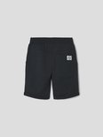 Donkerblauwe shorts met een elastische tailleband en een opgestikte zak achteraan met een label.