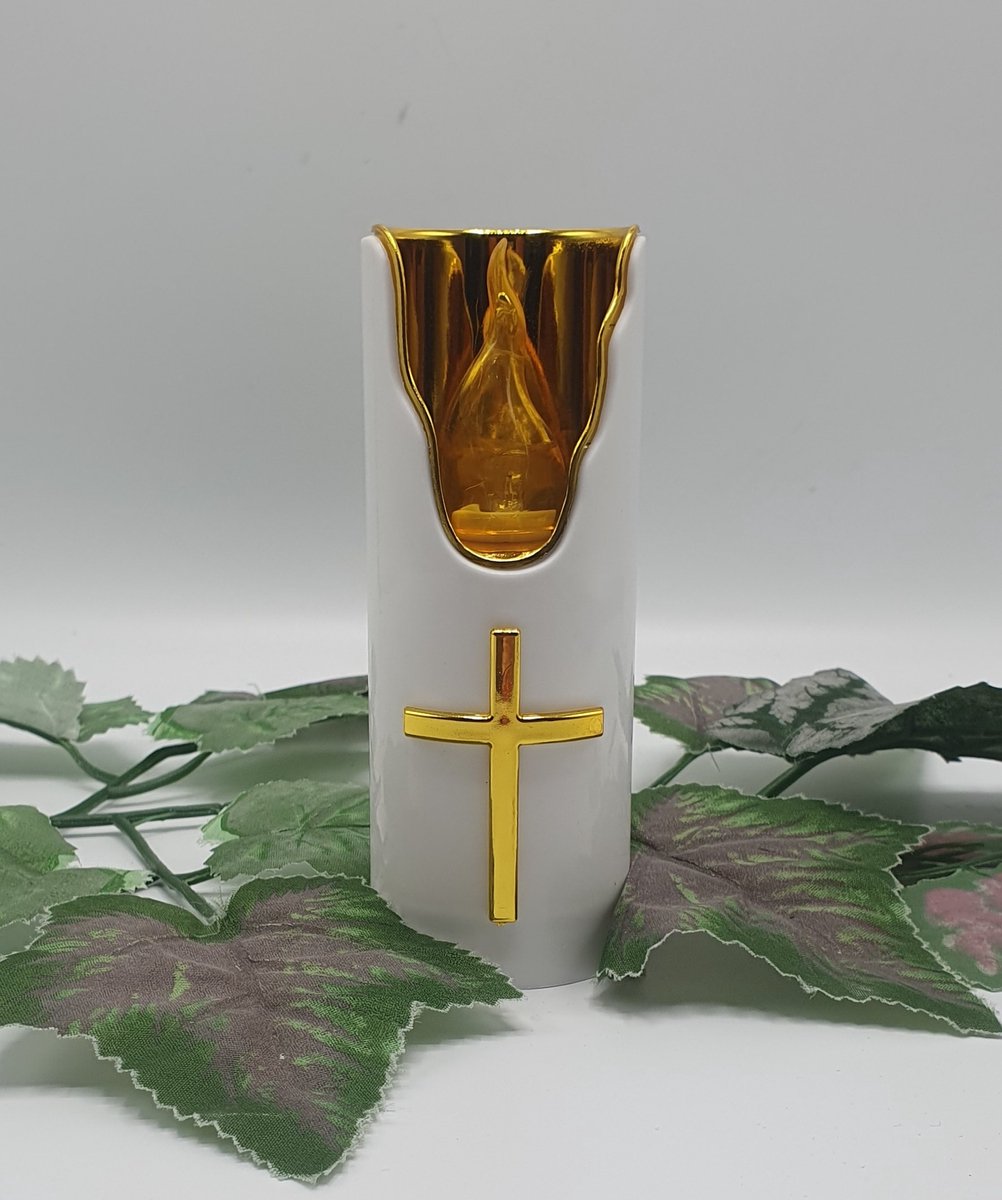 Led kaars - C708 - Wit - Goud - Kruis - Warm wit (Geel) - 1200 branduren - Inclusief batterij - Flikkerend led - Grafkaars - Graflicht