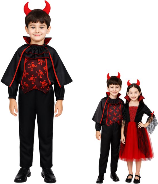 Joya Kids® | Vampier kostuum kind | Dracula verkleedpak jongen | Halloween kostuum met cape, duivelsoren & skelet shirt | Zwart en Rood Verkleedkostuum | Verkleedkleding Maat 140