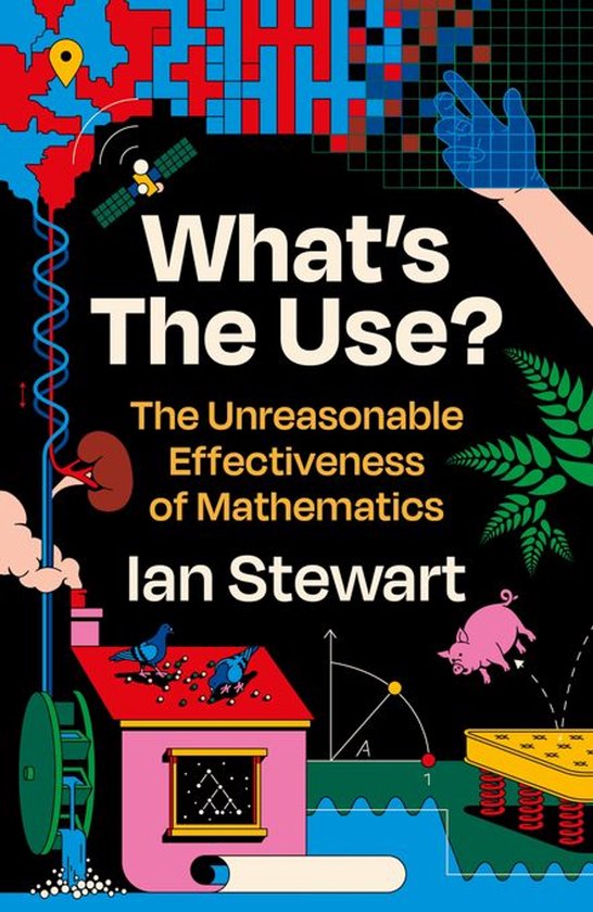 Livre "What's The Use? The Unreasonable Effectiveness of Mathematics" par Ian Stewart. Illustrations abstraites avec des concepts mathématiques, une petite usine et un cochon.