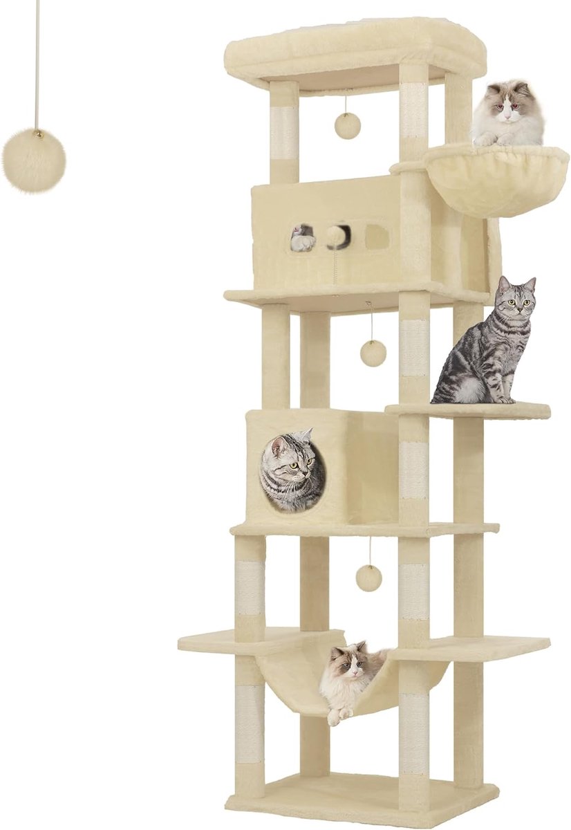 Krabpaal 210 cm – Grote kattentoren voor binnen met uitkijk, wasbare mat, 2 kattenhokken, 8 krabpalen, hangmat & pompons – Beige MS21018YL