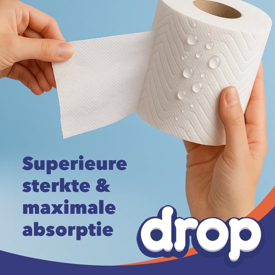 Handen houden wit keukenpapier met waterdruppels, 'Superieure sterkte & maximale absorptie'.