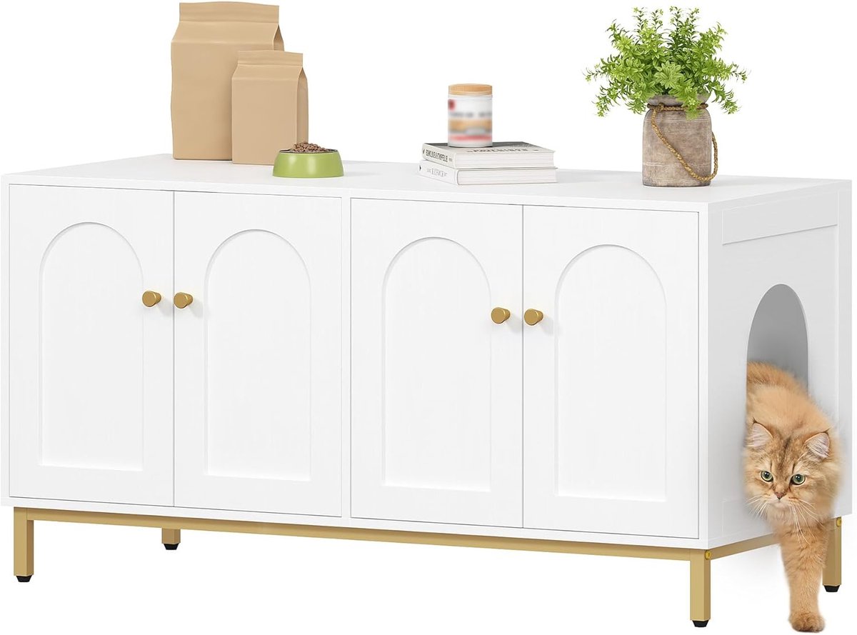 Luxe Kattenbakmeubel voor 2 Katten – 119 cm Houten Opbergbank in Wit & Goud