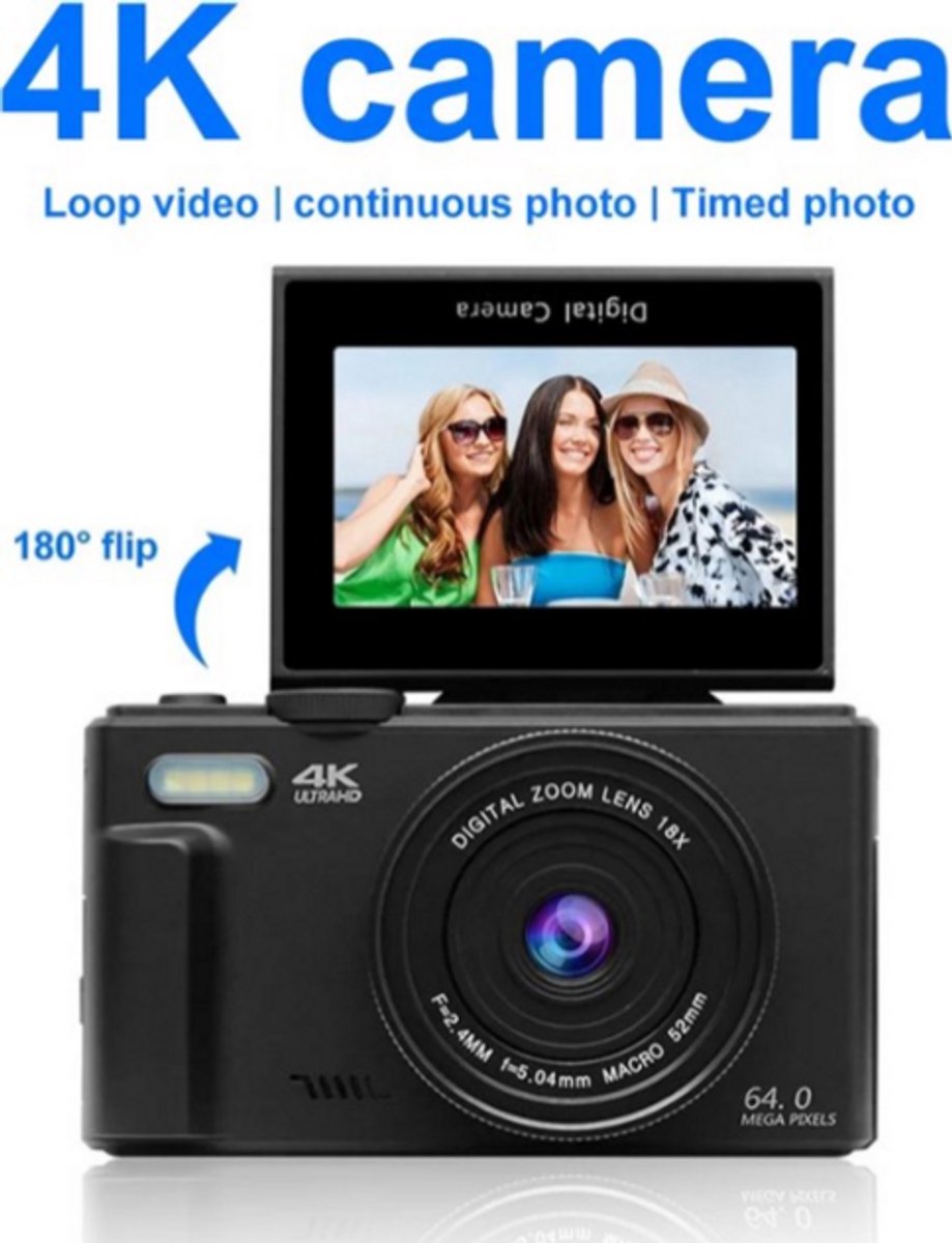 rimmo 4K Digitale Camera met 18X Zoom - 64MP Compacte Fotocamera met 3'' 180° Flip Scherm en Flitser - Inclusief 128GB Geheugenkaart