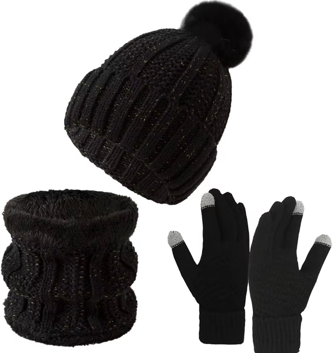 Warme Winterset – Gebreide Muts, Sjaal en Handschoenen – Driedelig – Thermo Fleece – Anti-Kou – Winteraccessoires voor Dames & Heren