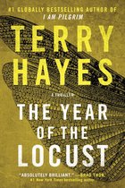 Boekcover "The Year of the Locust" van Terry Hayes. Gele achtergrond met een grote, gedetailleerde libelvleugel. Titel in grote witte letters.