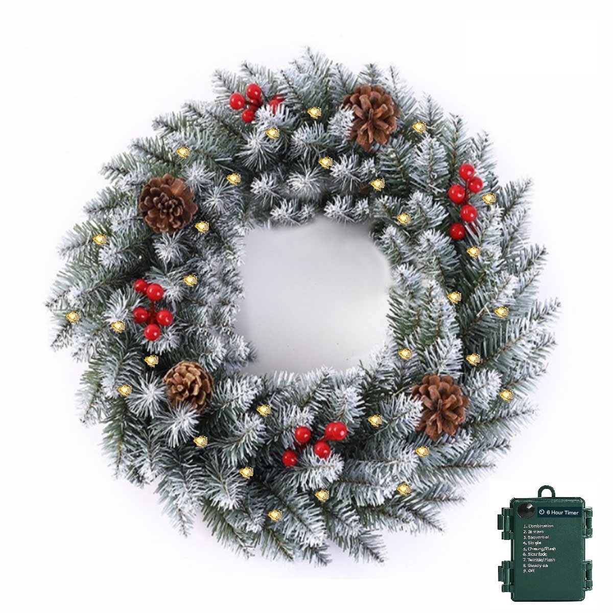 Premium Kerstkrans- met Decoraties & LED verlichting(40cm) - Met witte sneeuwceder takken - Versierd met rode bessen & dennenappels – LED verlichting met 8 standen & timerfunctie – Winter & kerstdecoratie - deurkransen kerstversiering – foto 6