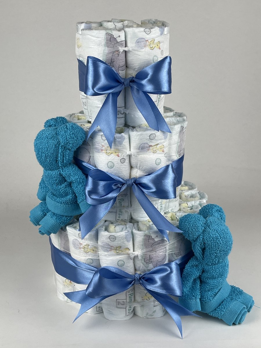 Chouette-Chouette | Luiertaart Jongen | Kraamcadeau | Geboorte Jongen | Babyshower | Beren Aqua blauw - diep Blauw