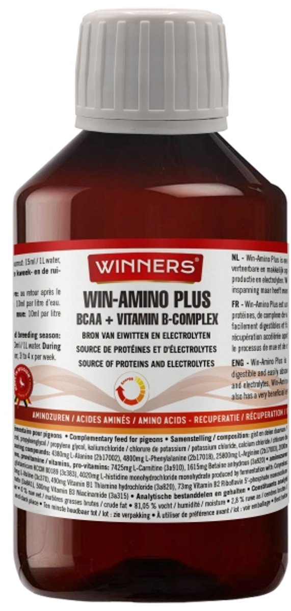 Belgian Winners Win-Amino Plus 250 ml - voor postduiven - aminozuren, snellere recuperatie na inspanning, spierversterkend, energieherstel, electrolyten, bouwstenen vederkleed. Ondersteuning tijdens de rui, kweek en de vluchten.