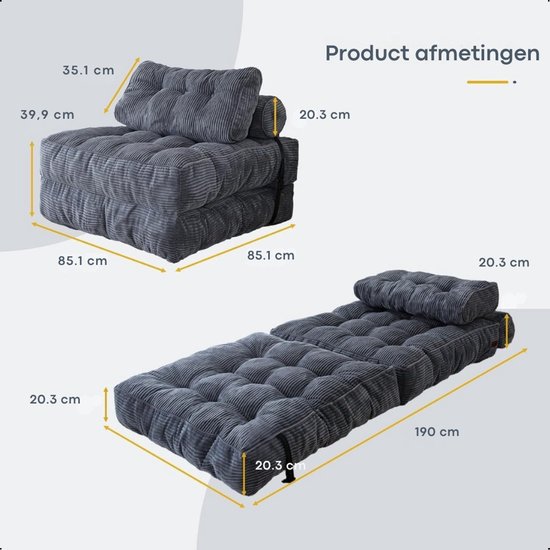Canapé-lit Moeve 1 personne - 3 en 1 - Confortable et facile à utiliser - Lit d'appoint modulable - Canapé-lit - Fauteuil-lit - Canapé-lit - Grijs