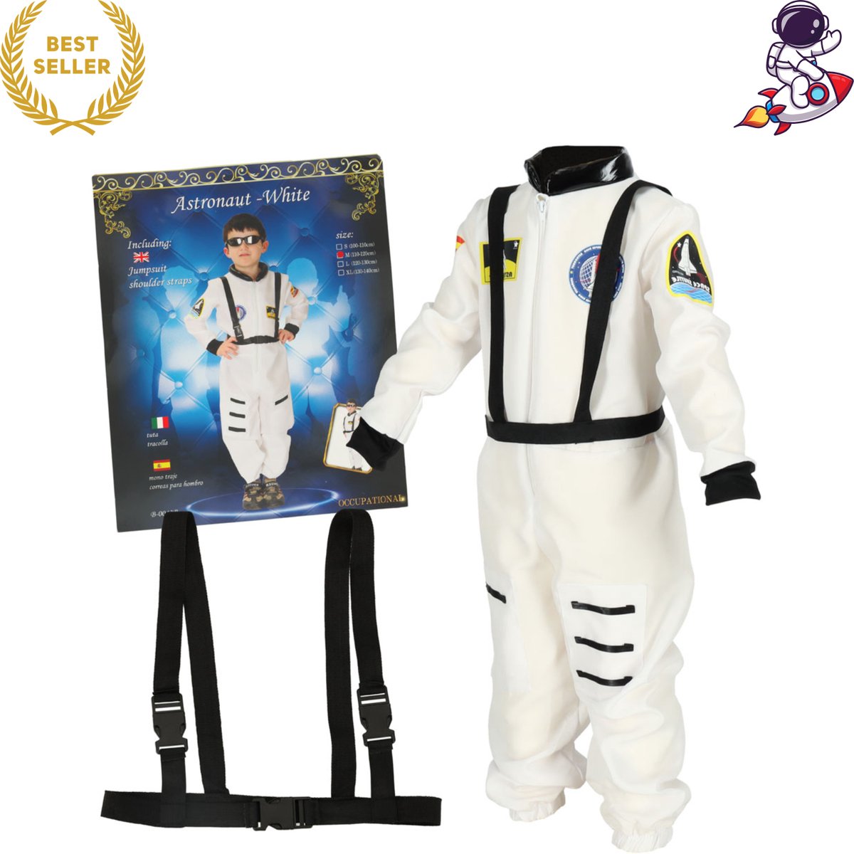 Ikonka Astronautenkostuum voor Kinderen Maat 110–120 cm – Halloween Kostuum - Voor Kinderen - Witte Ruimtepak Verkleedset met Riemen – Kostuum voor Ruimtefans, Themafeesten en Halloween – Comfortabel Polyester Pak – Met Ebook