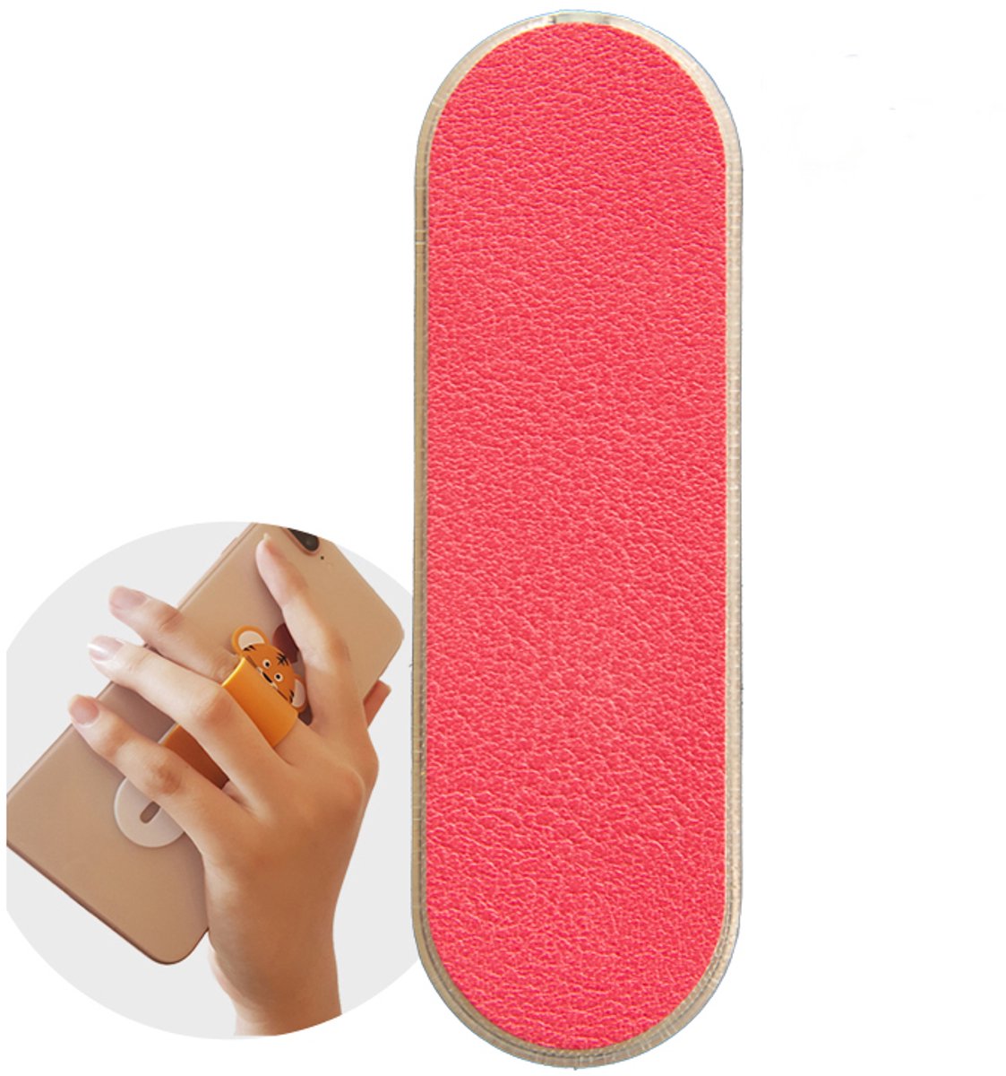 GadgetKing Vinger Grip houder – verstelbare flexibele GSM vingerhouder / Telefoonring grip / vingerhouder / telefoonring standaard / selfiehouder / telefoonhouder / ringhouder / telefoonstandaard – VEGAN LEER DONKER ROZE