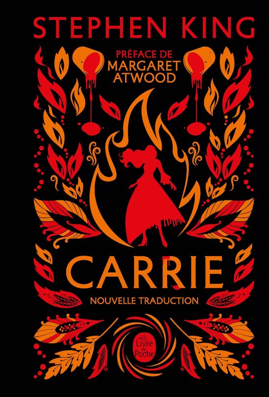 Couverture du livre 'Carrie' avec des flammes et des feuilles rouges et oranges. Une silhouette de femme est au centre.