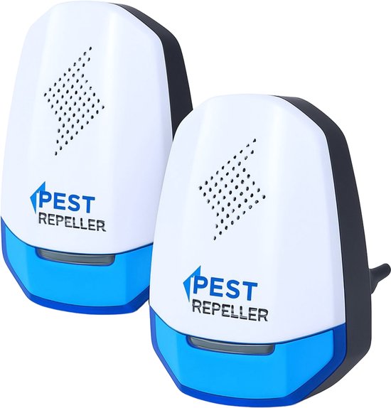 Set van twee witte en blauwe Noéya pest repellers op een witte achtergrond.