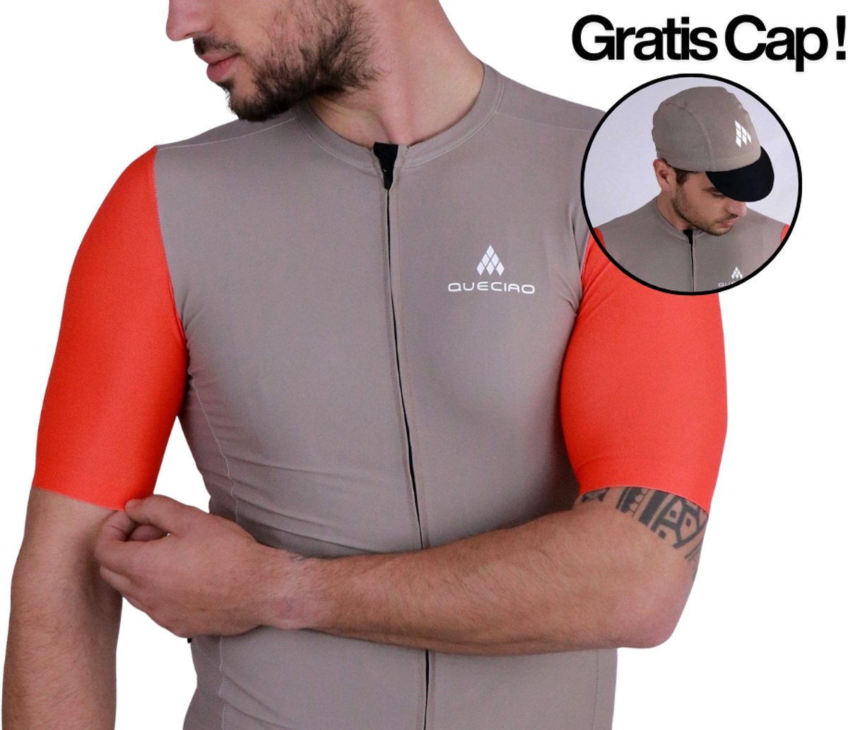 OPHEFFING! Queciao Fietsshirt + Gratis Cap! – Oranje/Zandgrijs – Korte Mouwen -LET OP: NIET PASSEND VOOR MENSEN MET EXCESSIEF OVERGEWICHT / XS-S ook geschikt als kindermaten