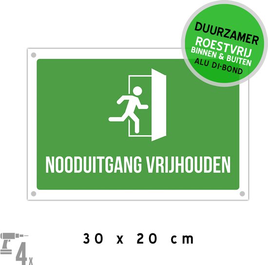 Foto: Pictogram bord dibond boorgaten nooduitgang vrijhouden 30 x 20 cm brandweg brandweer noodsituatie noodgeval in nood bij brand groen 1 stuk