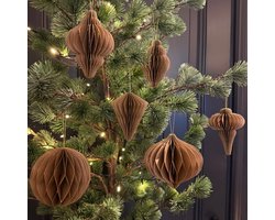 Set van 8 Kerstornamenten – Mix van vormen - Kerstversiering - Kerstballen – Bruin & Goud - Kerstboomdecoratie - FSC Papier - Onbreekbaar Kerstboom Decoratie - Herbruikbare Kerstversiering