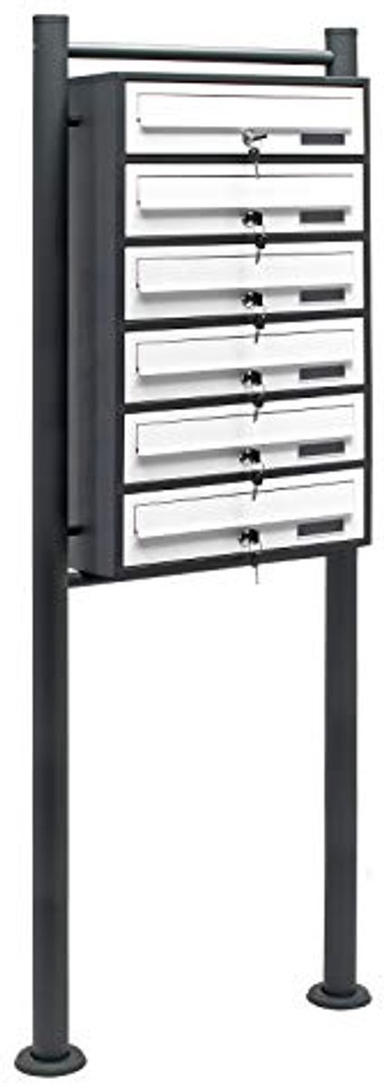 Mailbox systeem met 6 brievenbussen en standaardsbasis, poedercoat antraciet-wit
