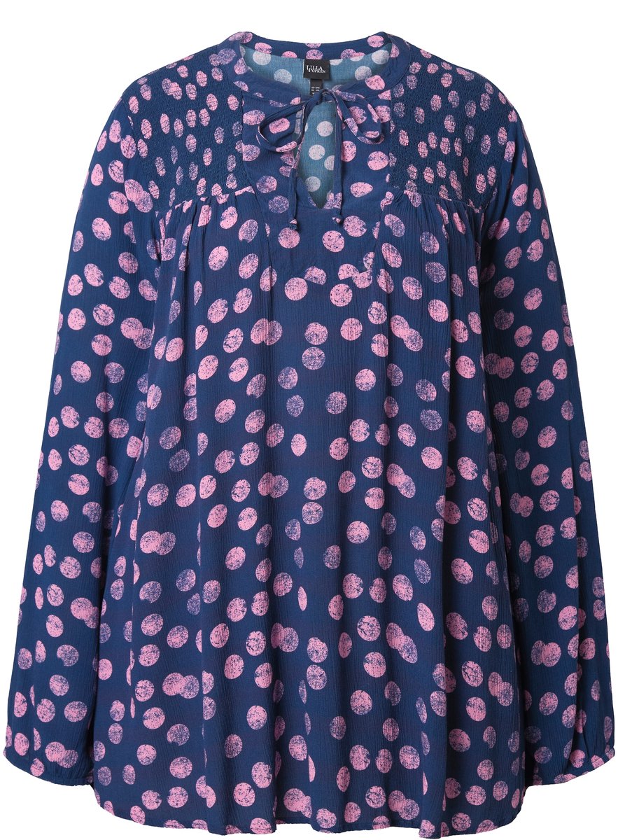 Ulla Popken - Dames - Gesmokte blouse stippen A-lijn tuniekhals lange mouwen - Inktblauw - Maat 46+