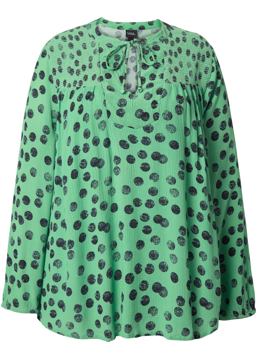 Ulla Popken - Dames - Gesmokte blouse stippen A-lijn tuniekhals lange mouwen - Appelgroen - Maat 54+