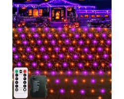 CCILAND 1,5 m x 1,5 m Halloween netverlichting werkt op batterijen, 100 LED paars oranje netverlichting buiten met afstandsbediening 8 modi timer zwart gaas lichtslingers voor struik tuin hek patio