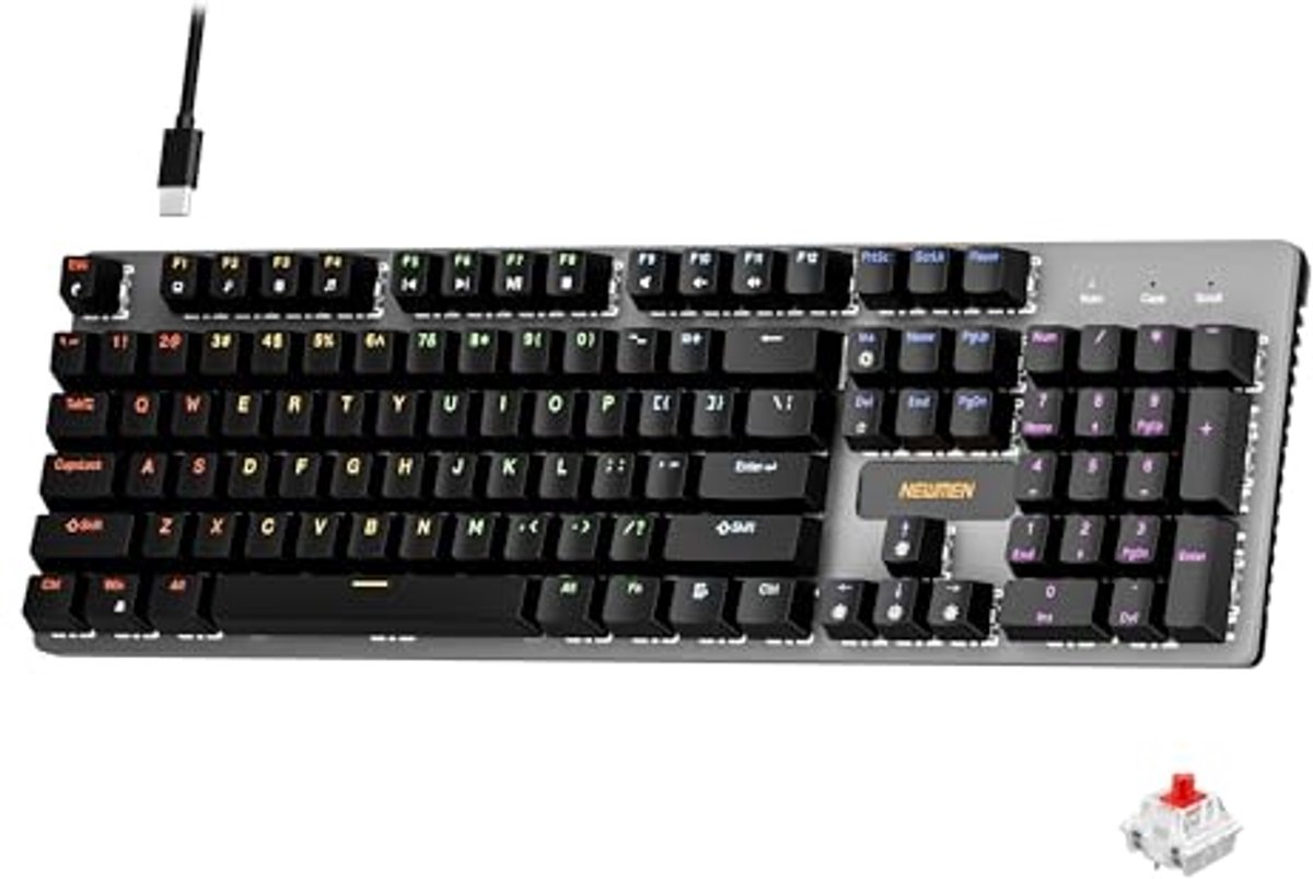 Newmen GM325Pro Mechanical Keyboard, 104 Keys Rainbow LED Backlit Wired Gaming Keyboards, Hot-Swap Metal Panel ABS Black Keycaps Gaming Mechanical Keyboard for Windows Laptop PC