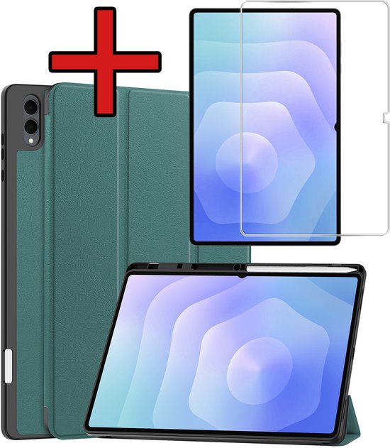 Hoesje - Geschikt voor Samsung Galaxy Tab S11 Ultra - Met Screenprotector - Trifold Bookcase Hoes - Hard Cover Case - Met Uitsparing Geschikt voor S Pen - Hardcover Book - Tablethoes - Donkergroen