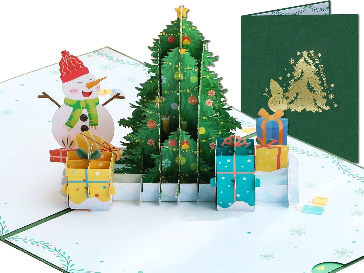 Popcards pop-up kaart – Kerstkaart Goud | Sneeuwpop met Versierde Kerstboom met Kerstster en Cadeautjes pop-up wenskaart 3D kaart